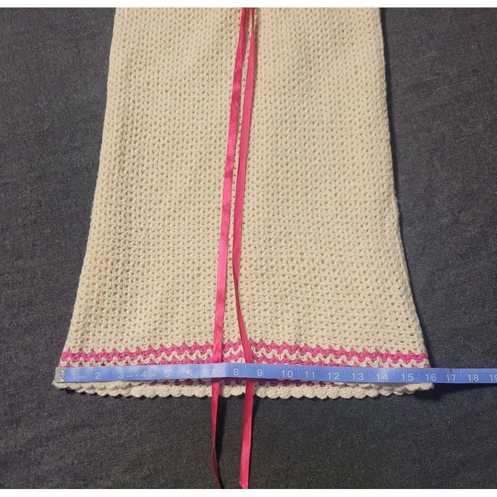 Vintage Hand‎ Knit Girls Dress Crochet Cream Pink 10-12 Or Womens XXS
